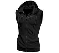 sourcing map Men's Sleeveless Slim Fit Hoodie Vest Zipper Drawstring Gilet Jacket with Pockets Black XL
