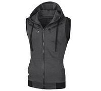 sourcing map Men's Sleeveless Slim Fit Hoodie Vest Zipper Drawstring Gilet Jacket with Pockets Dark Gray L