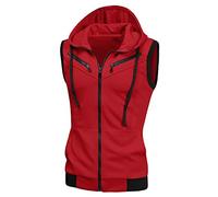 sourcing map Men's Sleeveless Slim Fit Hoodie Vest Zipper Drawstring Gilet Jacket with Pockets Red L