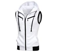 sourcing map Men's Sleeveless Slim Fit Hoodie Vest Zipper Drawstring Gilet Jacket with Pockets White M