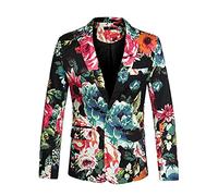 sourcing map Men's Suit Blazer Slim Fit Floral Printed One Button Prom Jacket Sport Coat Black Blue 38