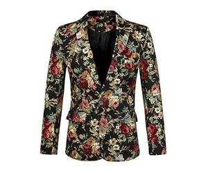 sourcing map Men's Suit Blazer Slim Fit Floral Printed One Button Prom Jacket Sport Coat Golden 46
