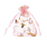 sourcing map Organza Bag 2.8" x 3.5", Sheer Heart Mesh Bags Drawstring Gift Bags Bulk Party Favor Bag Jewelry Pouches for Wedding Candy Valentines (Pink-Gold, Pack of 50)