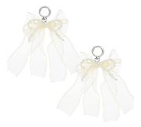 sourcing map Pearl Bow Keychain, 17mm Y2k Aesthetic Double-Layer Mesh Imitation Pearl Bowknot Keyring, Cute Bag Charm for Tote Bags Purse Handbag, White Pack of 2