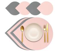 sourcing map Placemats Coasters Set of 4, PU Leather Dual Sided Drop-shape Table Mats Coasters, Washable Heat Resistant Waterproof Oil Proof Place Mats for Kitchen Table (Pink/Gray)