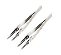 sourcing map Precision Ceramic Tweezers Non-Conductive Heat Resistant Anti-Static Straight Pointed Tweezer Silver Tone Black for Pinching Coils, 2 Pack