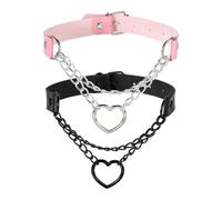 sourcing map PU Leather Chokers, Love Heart Chokers Collar Necklace Gothic Punk Grunge Emo Necklace Gothic Jewelry Accessories Adjustable PU Collar for Women, Black, Silver Pink, 2Pcs