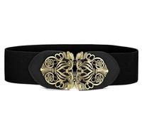sourcing map Retro Knot Woven Metal Interlocking Buckle Elastic Waist Cinch Belt Band Floral Buckle-Black Band-Bronze Buckle Fit Waist Grith: 25"-37"/63.5cm-94cm
