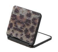sourcing map Rhinestone Compact Mirror, Round Double-Sided Folding Pocket Mirror, Portable Folding Makeup Tools Hand Held for Women Girls Purse Handbag Accessories, Yellow Leopard