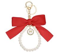 sourcing map Ribbon Bow Keychain, Cute Pearl Wristlet Keychain, Bag Accessories Bow Charm for Purse Handbag Tote Backpack, Red