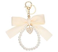 sourcing map Ribbon Bow Keychain, Cute Pearl Wristlet Keychain, Bag Accessories Bow Charm Heart Pendant for Purse Handbag Tote Backpack, Beige