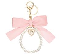 sourcing map Ribbon Bow Keychain, Cute Pearl Wristlet Keychain, Bag Accessories Bow Charm Heart Pendant for Purse Handbag Tote Backpack, Light Pink
