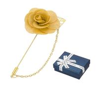 sourcing map Rose Lapel Pin for Men, Flower with Gold Leaf Chain Brooch, Fabric Handmade Camellia Corsage Accessory for Suit Tuxedo Corsage Wedding Party, Yellow