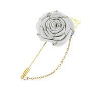 sourcing map Rose Lapel Pin for Men, Flower with Gold Leaf Chain Brooch, Fabric Handmade Flower Corsage Accessory for Suit Tuxedo Corsage Wedding Party, Light Gray
