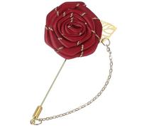 sourcing map Rose Lapel Pin for Men Suits, Cloth Flower Brooch Handmade Boutonnieres with Gold Leaf/Chain for Suit Accessories Bridegroom Wedding, Wine Red