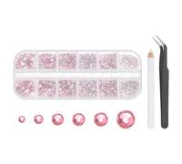 sourcing map Round Flatback Rhinestones Set, 6 Size Glass Flat-Back Crystal Diamonds with Tweezers and Picking Pen for Nail Art Makeup Crafts Fabric DIY Decoration, Light Pink
