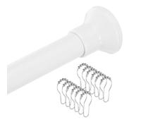 sourcing map Spring Tension Shower Curtain Rod No Drilling Adjustable 51-94.5 Inch Non-Slip 1" Dia Tension Curtain Rod with 12pcs Shower Curtain Ring for Curtain Doorway Closet, White
