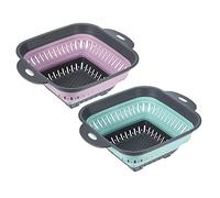 sourcing map Square Collapsible Colander 2pcs Foldable Silicone Colander Fruit Vegetable Washing Basket Strainer with Handle Kitchen Drainer Basket-Pink+Green