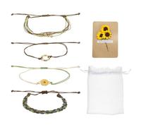 sourcing map Sunflower Bracelets Bohemia Surf Friendship Bracelet Adjustable Sunflower Braided Rope String Set with Card & Mesh Bag for Women Trendy Jewelry Couple Gifts, Khaki Grey Green