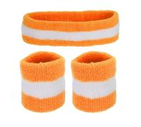 sourcing map Sweat Band Set Sports Terry Cloth Headband Wristband Set 7"x2" Moisture Wicking Sweat Absorbing Head Band for Women Men Workout Exercise (Orange/White/Black/White)