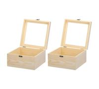 sourcing map Unfinished Wooden Display Box with Hinged Lid,7.9"x7.9"x4.7" Small Wood Keepsake Storage Box with Glass Lid for DIY Craft Collectibles Jewelry Gift Home Decorations,2Pcs Beige