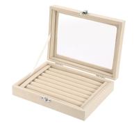sourcing map Velvet Ring Jewelry Box Organizer, 7 Slots Jewelry Display Case with Glass Lid Jewelry Earrings Necklace Rings Organizer Tray for Wife and Women (Beige)