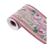 sourcing map Wall Paper Border Self Stick Wall Covering PVC Floor Border for Kitchen Bathroom Bedroom Wall Decor Paper, Rose Pattern Fuchsia+Green, 4.33 Inch by 32.8 Feet