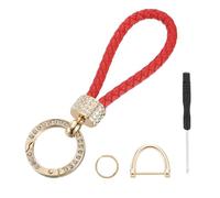 sourcing map Weave Key Chain Ring Braided Rope Leather Keychain with Rotatable D-ring and Screwdriver Zinc Alloy for Women Tote Bag Backpack Accessories (Red/Gold, Pack of 1)