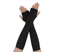 sourcing map Women Elbow Length Stretchy Thumbhole Arm Warmer Ruffles Fingerless Long Gloves Black Long