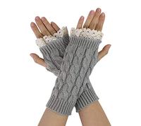 sourcing map Women's Arm Warmers Wrist Length Knit Fingerless Gloves with Lace Light Gray-Lace Glove length 20 cm/7.87"