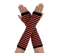 sourcing map Women Winter Stripe Pattern Elbow Length Fingerless Thumbhole Arm Warmers Long Gloves Orange Red one size