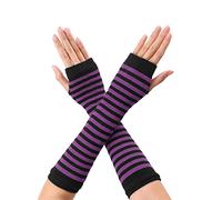 sourcing map Women's Fingerless Gloves Printed Elbow Length Knitted Arm Warmers Black DarkViolet One Size