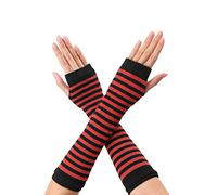sourcing map Women's Fingerless Gloves Printed Elbow Length Knitted Arm Warmers Black Red One Size