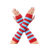 sourcing map Women's Fingerless Gloves Printed Elbow Length Knitted Arm Warmers Blue Red One Size