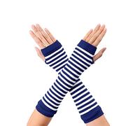 sourcing map Women's Fingerless Gloves Printed Elbow Length Knitted Arm Warmers Blue White One Size