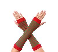 sourcing map Women's Fingerless Gloves Printed Elbow Length Knitted Arm Warmers Red Green One Size