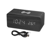 sourcing map Wooden Electronic Alarm Clock Square, Black Alarm Clock, Digital Alarm Clocks for Bedrooms with USB Charging Port, Adjustable Volume, Dimmable, Snooze, 12/24H