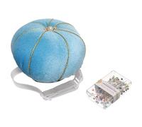 sourcing map Wrist Pin Cushion Wristband Sewing Pincushion Polyester Pin Holder Wearable Pumpkin Shaped Needles Wristband with 100 Head Needles for Sewing Quilting DIY Crafts, Light Blue