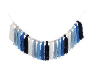 sourcing map Yarn Tassel Garland with Wood Beads, 3.7ft Cotton Tassel Banner Handmade Macrame Pastel Garland Wall Hangings for Wedding Christmas Birthday Party Decoration, Blue Tone