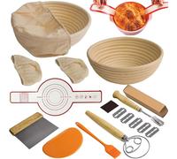 Sourdough Bread Baking Set, 2 Pack 23cm Round Banneton Bread Proofing Baskets, Silicone Bread Sling, Danish Dough Whisk, Dough Scraper Kit, Silicone Brush