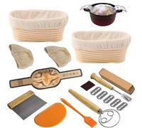 Sourdough Bread Baking Set, 2 Pack 25cm Oval Banneton Bread Proofing Baskets, Silicone Bread Sling, Danish Dough Whisk, Dough Scraper Kit, Silicone Brush