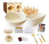 Sourdough Starter Kit, 15 Piece Bread Proofing Basket Set with 10" Oval & 9" Round Natural Rattan Banneton Baskets, Bread Lame, Danish Dough Whisk, Bowl Scraper & Linen Liners
