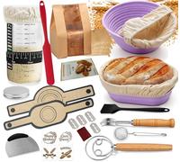Sourdough Starter Kit 30-Piece-Round & Oval Silicone Proofing Baskets with Linen Liners,Starter Jar with Temperature Strip, 7-Day Guide,Danish Whisk & Bread Lame-Complete Home Baking Set for Beginners