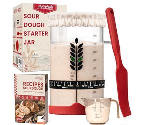 Sourdough Starter Kit - 38oz with Cookbook, Measuring Cup, Spatula, Wide Mouth Jar Cover, Thermometer, Date Marked Feeding Band, Glass Jar for Baker, Bread Baking Supplies