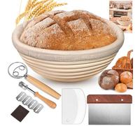 Sourdough Starter Kit 6 PCS, 9" Round Natural Rattan Banneton Proofing Basket Gift Set with Linen Cover - Bread Baking Accessories Includes Plastic Scraper, Dough Cutter, Bread Lame, Dough Whisk