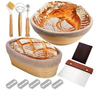 Sourdough Starter Kit, 9 Inch Round & 10 Inch Oval Bread Proofing Basket Set, 2 Baskets, Sourdough BreadMaking Kit with Bread Lame, Dough Whisk, BreadLame, Scrapers & Brush