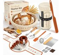Sourdough Starter Kit, Banneton Bread Proofing Basket Set with Measuring Cups & Spoons, Complete Bread Making Kit with Cloth Liner, Bread Lame, Starter Jar, Dough Whisk & Scrapers for Beginner Bakers
