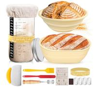 Sourdough Starter Kit Bread Baking Supplies,34oz Sourdough Starter Jar, 9 Inch Round + 10 Inch Oval Bread Proofing Basket,Thermometer,Feeding Time Tracker,Metal Scraper Bread Making Accessories
