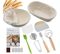Sourdough Starter Kit, Bread Proofing Basket Set, Round and Oval Banneton Proofing Basket Set with Danish Dough Whisk, Stainless Steel Dough Scraper, Flexible Dough Scraper