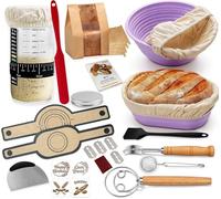 Sourdough Starter Kit for Beginners - 30 Pcs Silicone Bread Proofing Basket Non-Stick Linen Liners 7-Day Guide 650ml Starter Jar w/Temp Strip Danish Dough Whisk & Bread Lame Baking Gift Set